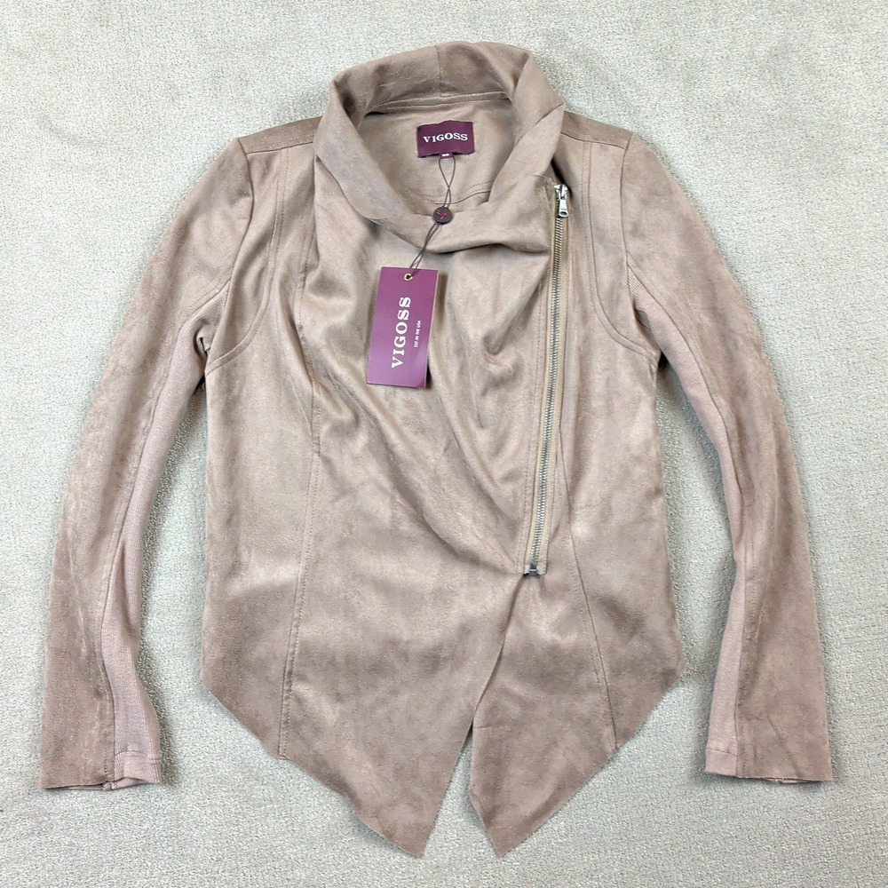 Vigoss Faux Suede Moto Jacket Womens XS Taupe Tan Asymmetrical Zip Draped Front